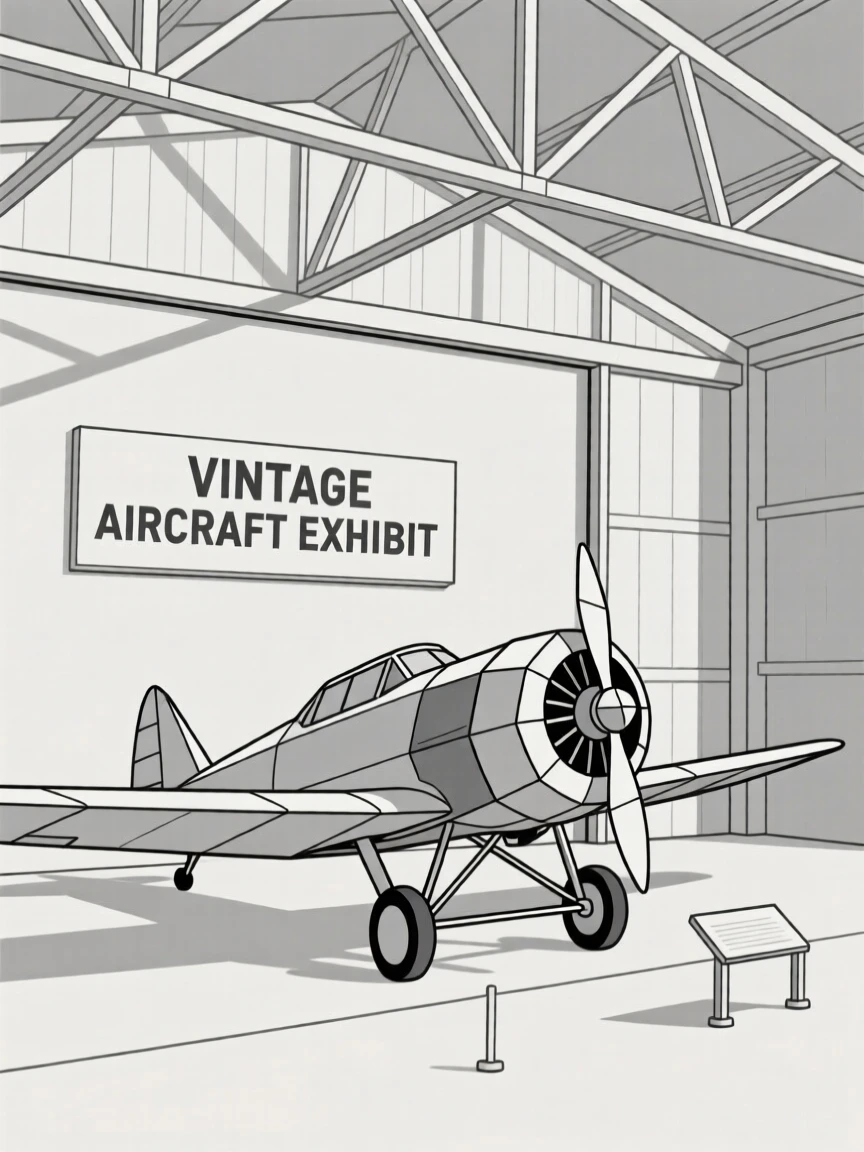 A vintage airplane displayed inside a hangar museum