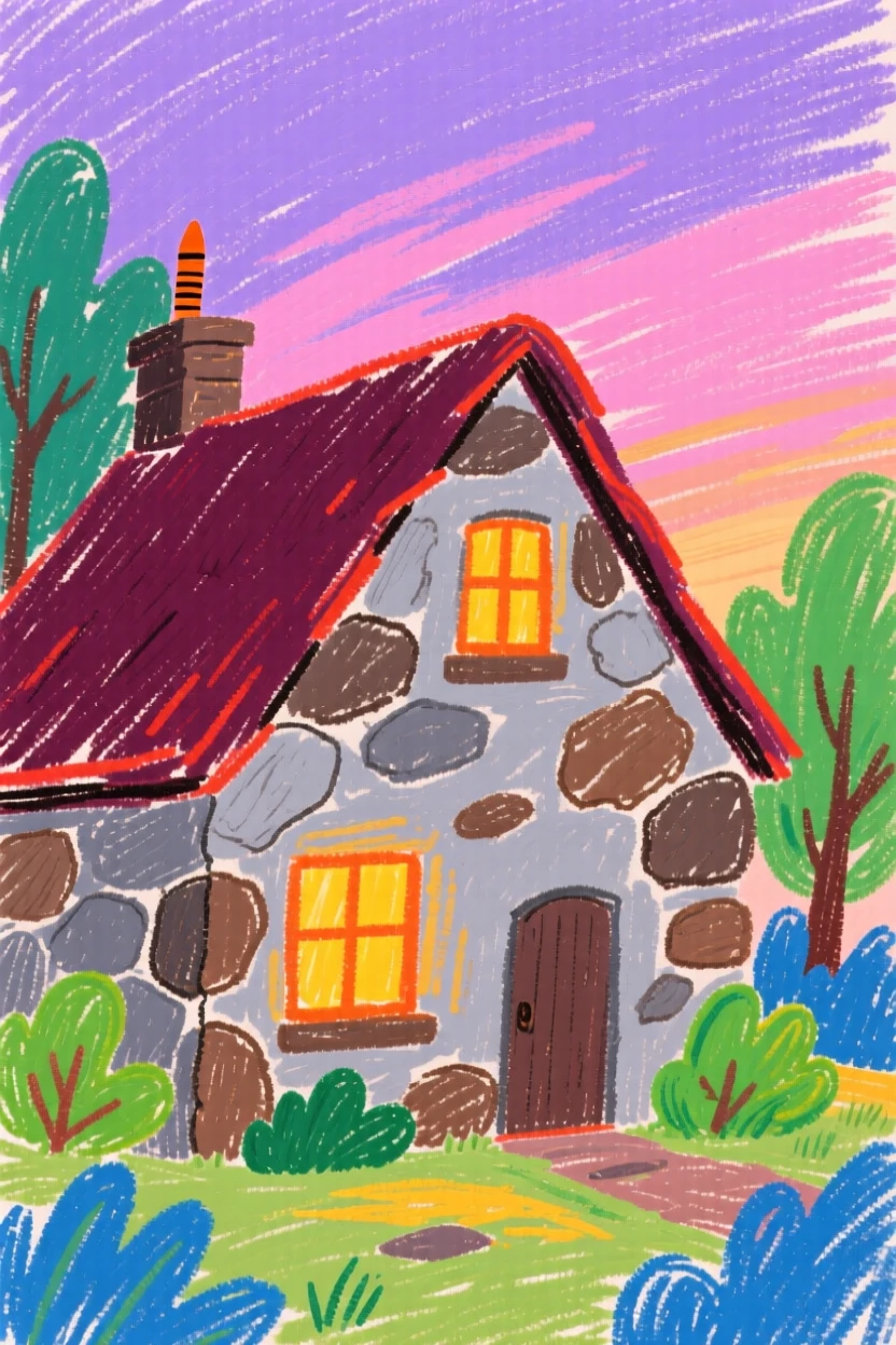 A stone cottage glowing warmly with lit windows at dusk.