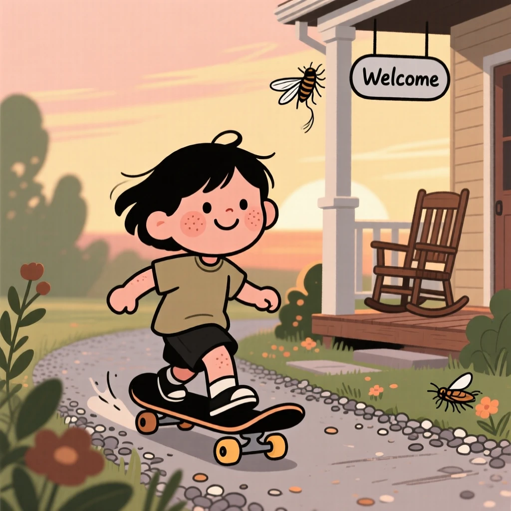 A child rides a skateboard down a gravel driveway on a warm summer evening, laughing with the wind in their hair as the hum of cicadas drifts from a nearby porch.