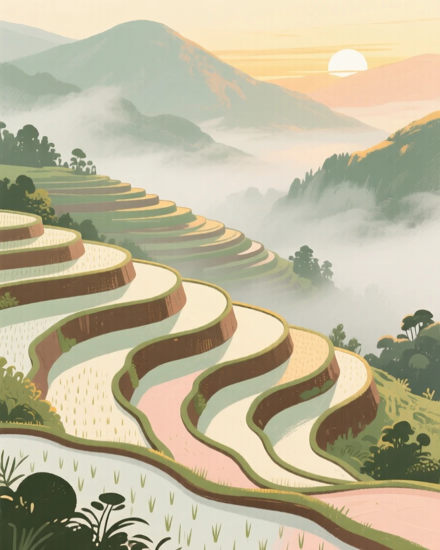 Terraced rice paddies cascading down a misty mountainside at dawn