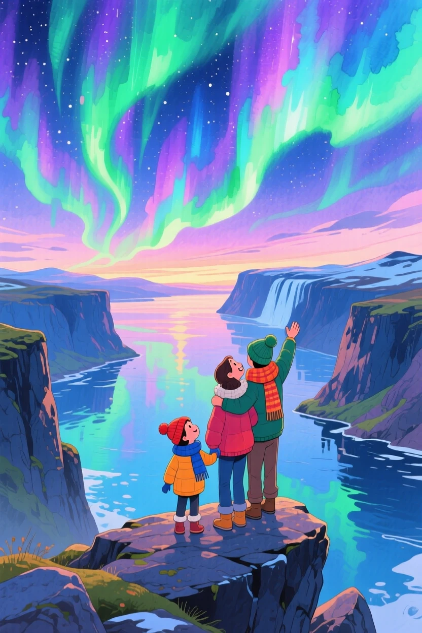 A family takes in the breathtaking view together amid the Northern Lights dancing above an Icelandic fjord, capturing the wonder of discovering a new place.