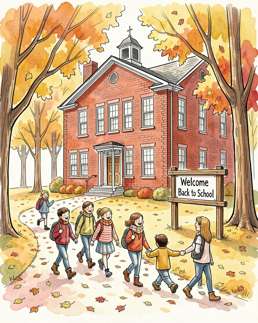 A back-to-school scene with children walking to a red brick schoolhouse under golden autumn trees