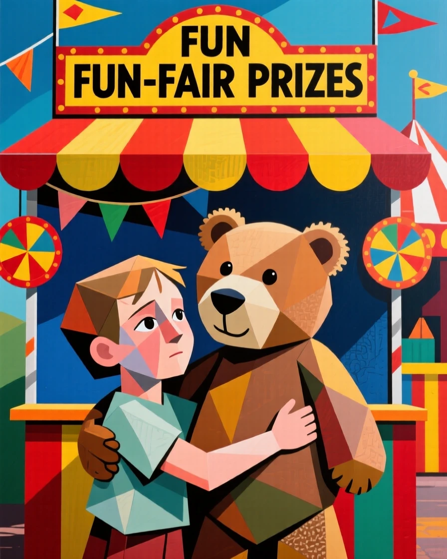 A child hugging a large stuffed animal at a colorful carnival booth.