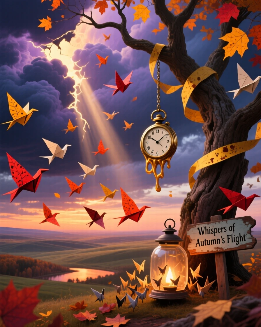 An autumn wind carrying leaves shaped like tiny paper birds moves slowly across a horizon streaked with fading light, as soft light breaks unexpectedly through heavy clouds.