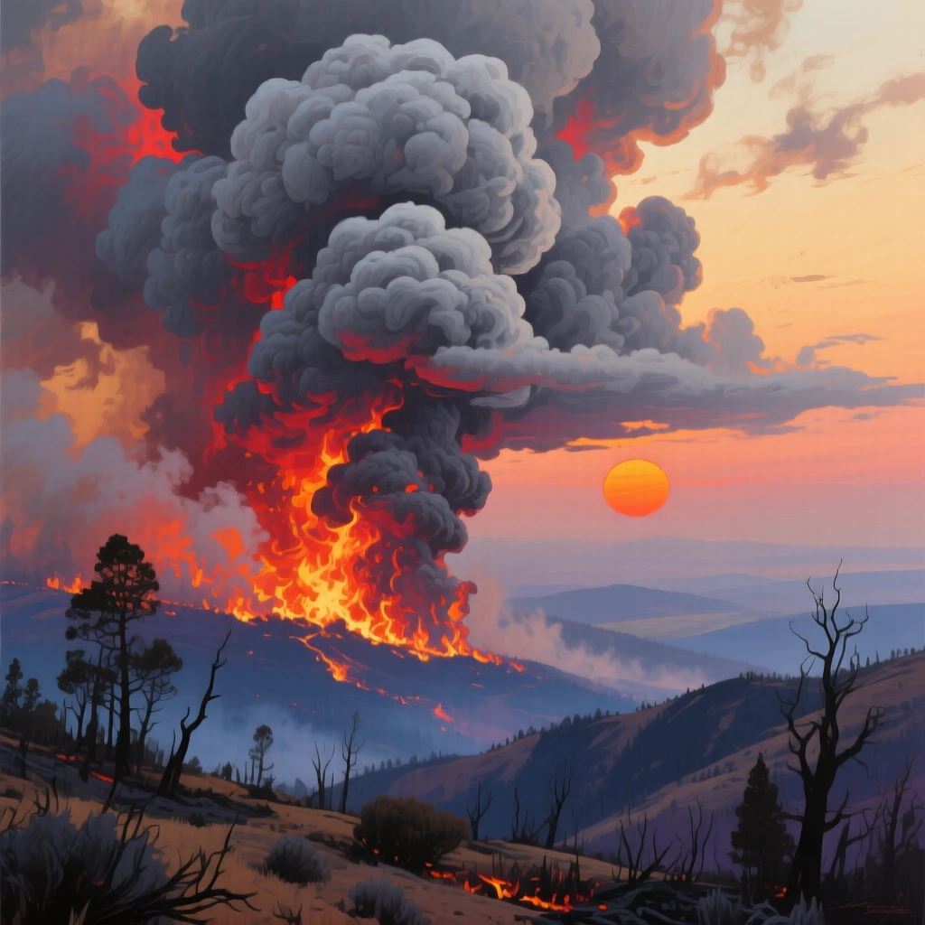 A dramatic sky shows towering pyrocumulus clouds forming above a distant wildfire in California, the sun glowing deep orange through the haze, a faint haze softening the far horizon while nearer details remain crisp and vivid.