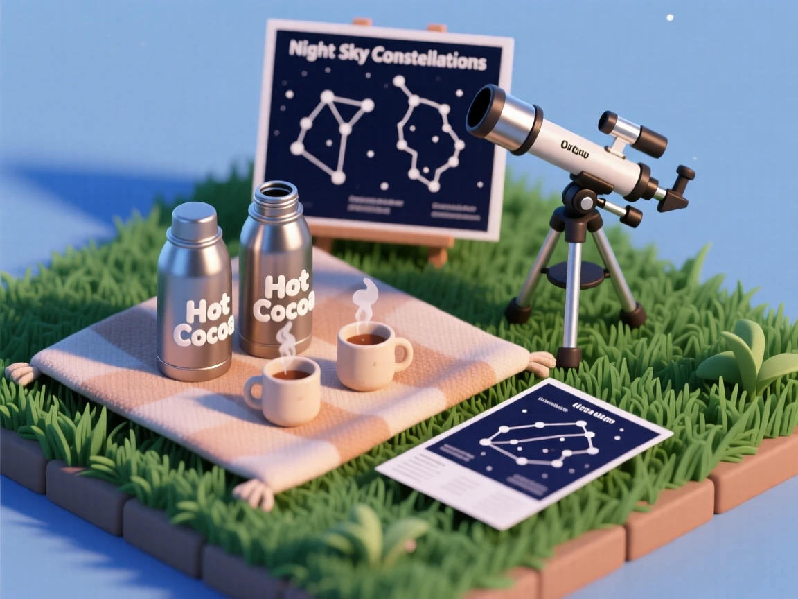 A backyard stargazing scene with a blanket spread on the grass, a telescope set up, hot cocoa in thermoses, and a chart of constellations nearby.