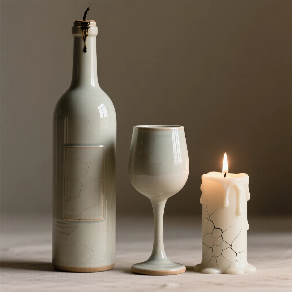 A wine bottle and glass beside a candle caught in a moment of quiet everyday magic, its surface polished to a gentle sheen, stirring fond memories of simpler times.