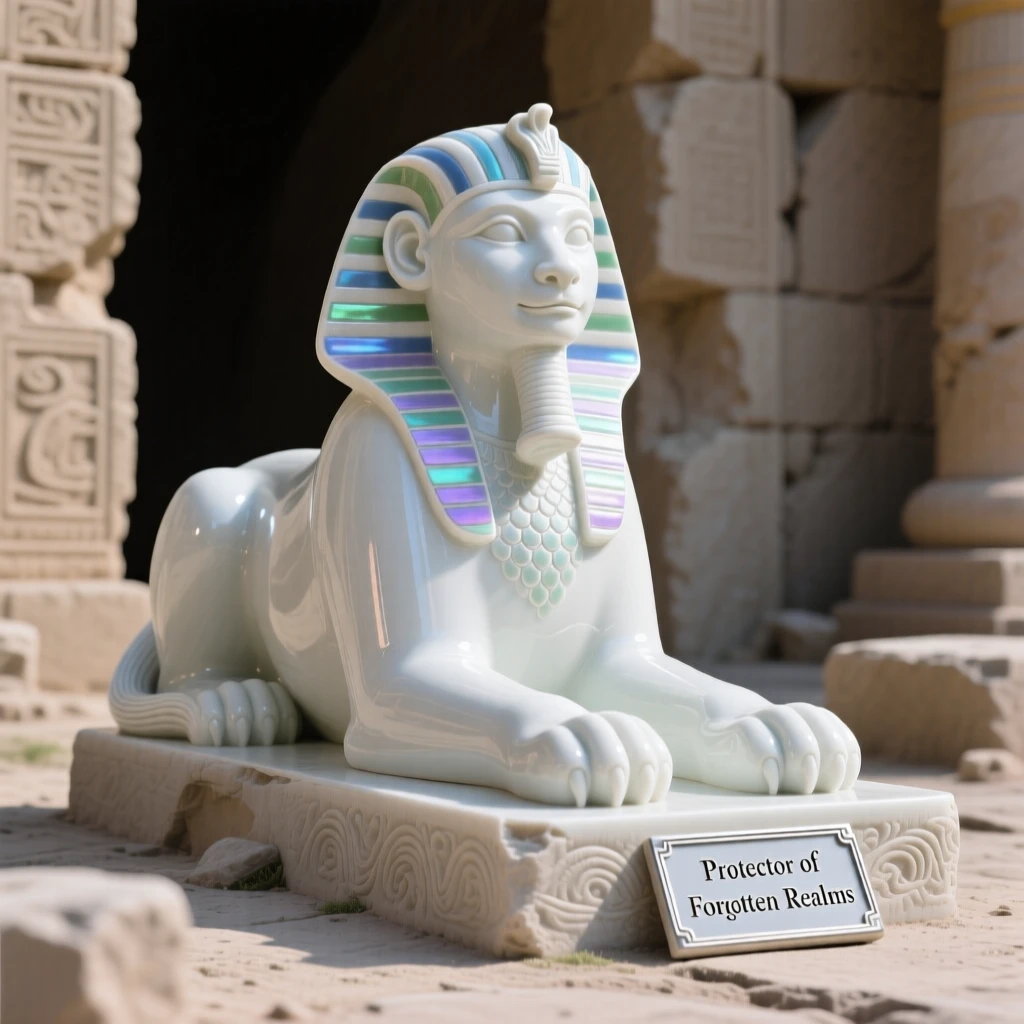 A majestic sphinx guarding the entrance to an ancient ruin, scales shimmering with iridescent color.