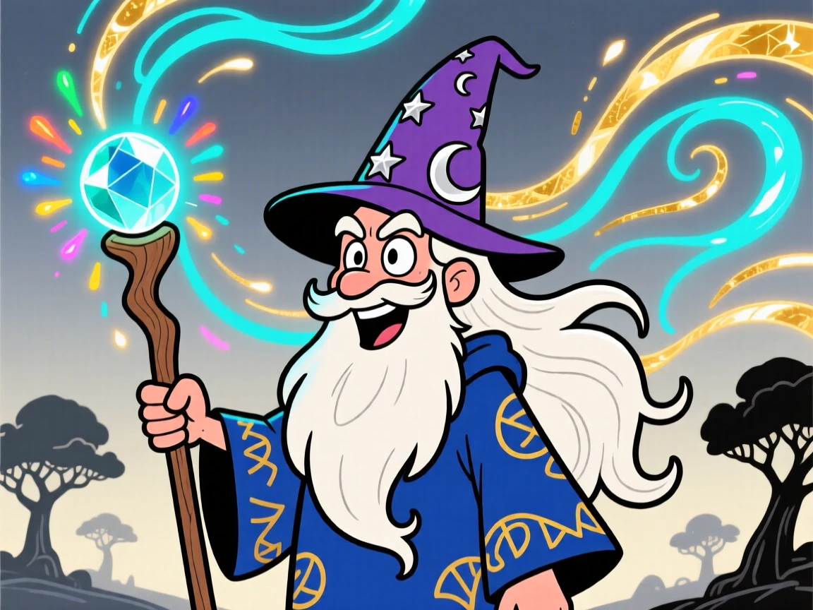 An imaginative fantasy scene of a wizard with a long flowing beard conjuring swirling sparks of magic from his staff.