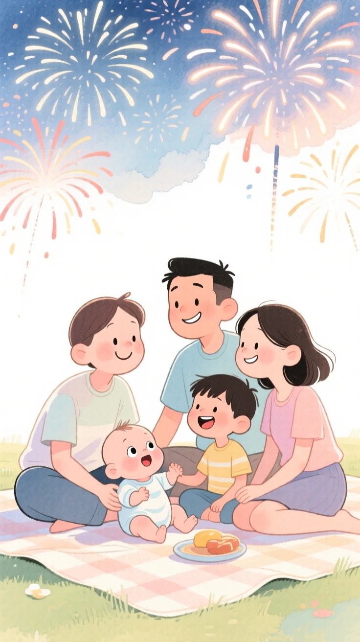 A family with a new baby watching fireworks together on a picnic blanket
