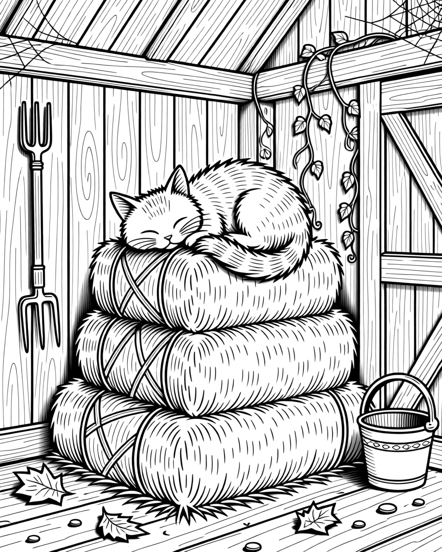 A barn cat curled asleep atop a stack of hay bales.