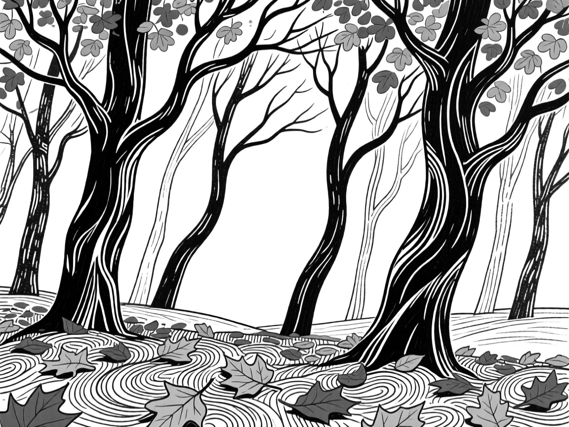 A vibrant autumn forest with a carpet of red and gold fallen leaves.