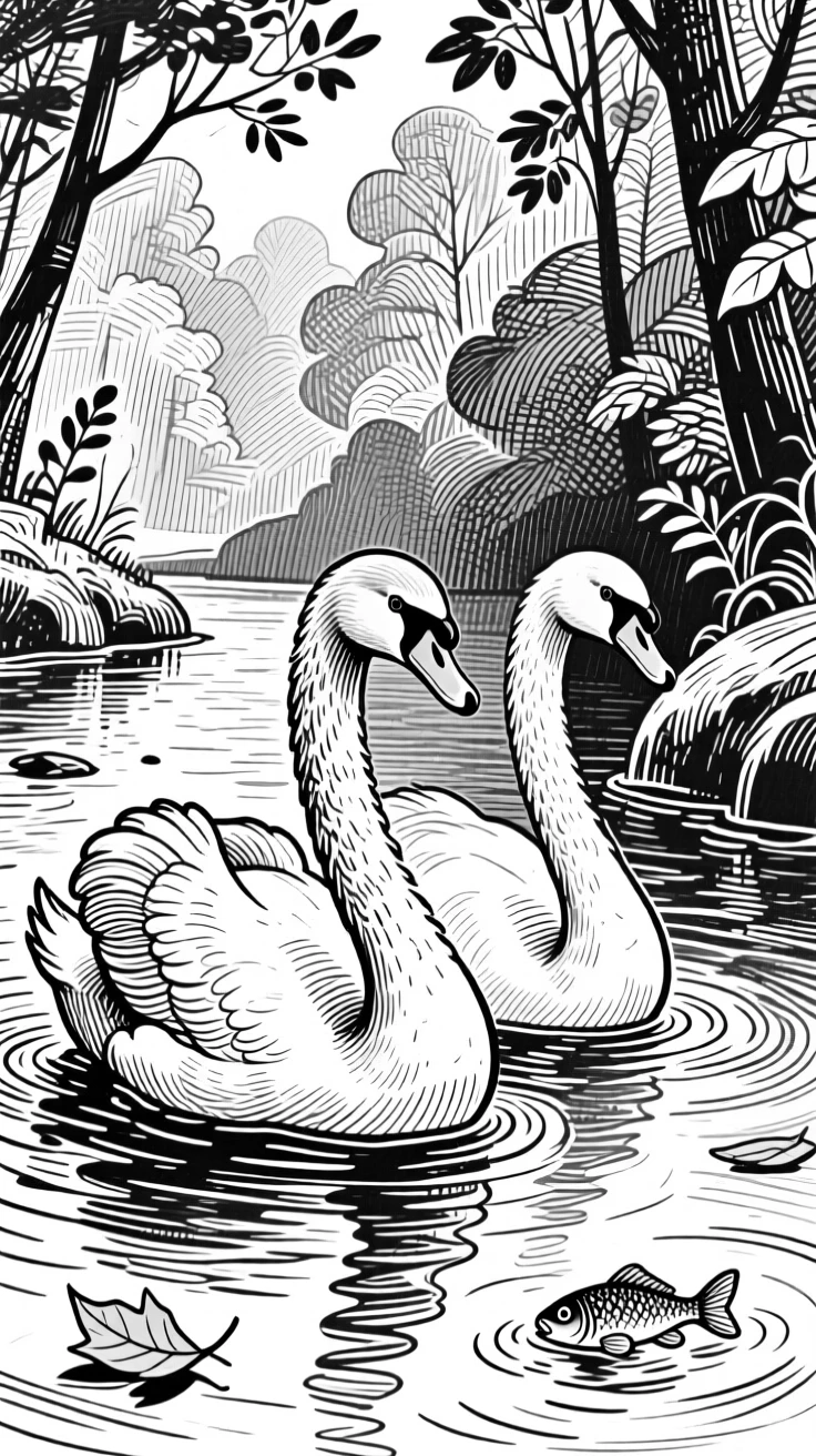 A pair of swans beside a calm woodland stream, eyes alert and watchful, capturing a playful and lighthearted moment in nature with a strong, centered focal point.