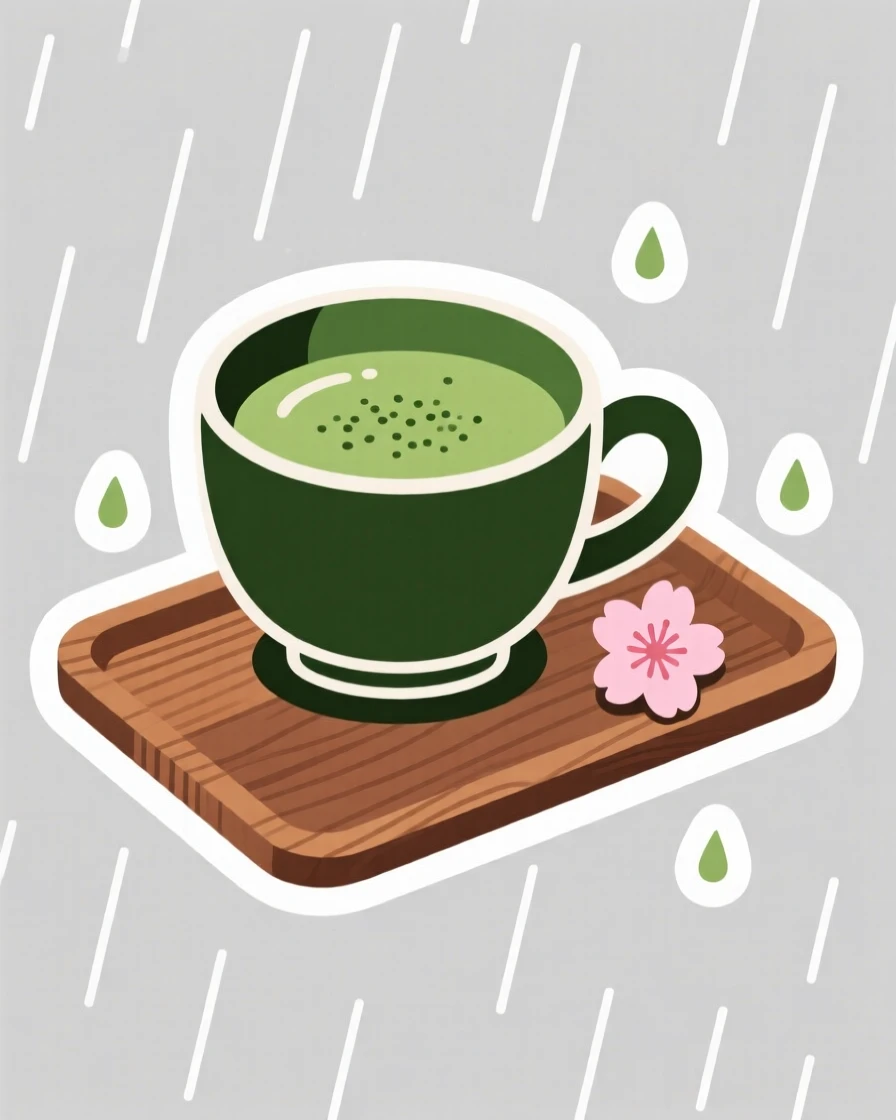 A warm and inviting cup of freshly brewed matcha, placed on a wooden tray with a small flower, on a quiet rainy afternoon.