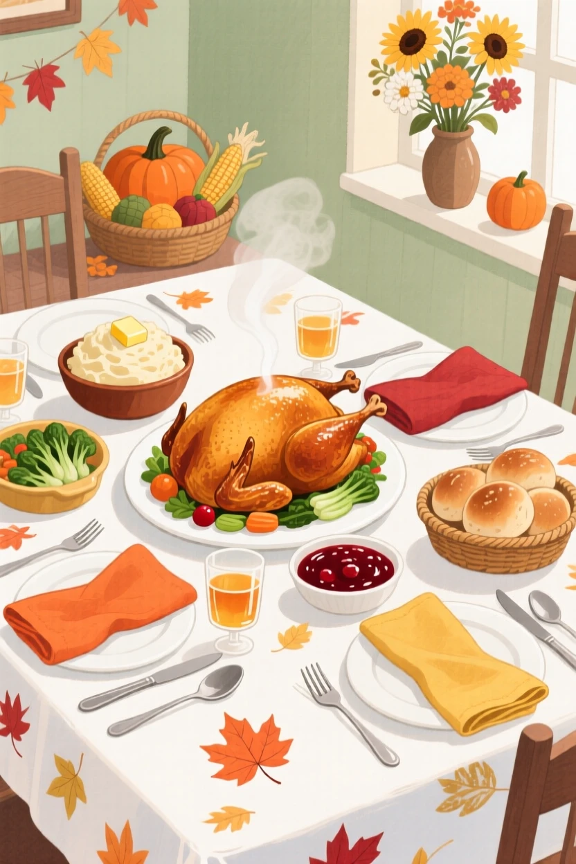 A festive scene of a table set for Thanksgiving dinner with a roasted turkey.