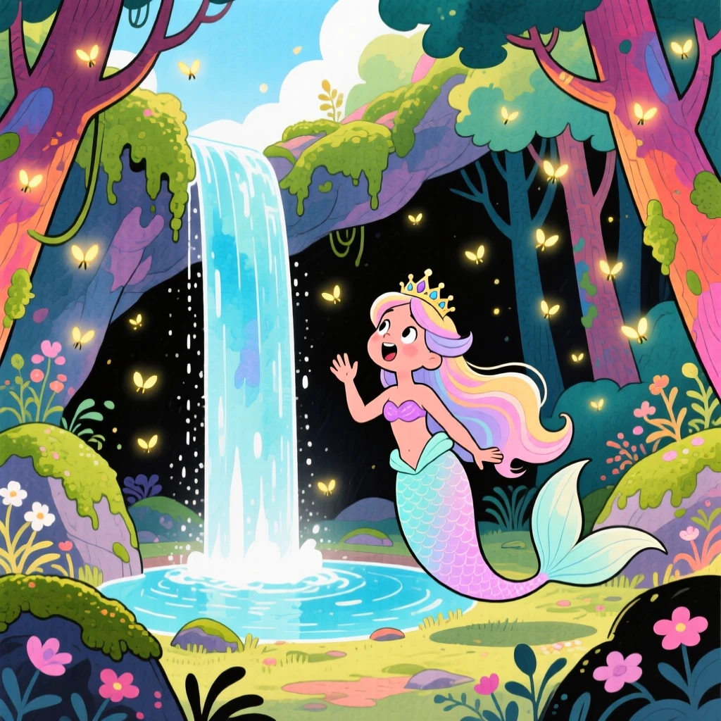 A mermaid princess discovering a hidden waterfall that flows upward into the sky, in an enchanted forest glowing with fireflies, filled with wonder and magical excitement.