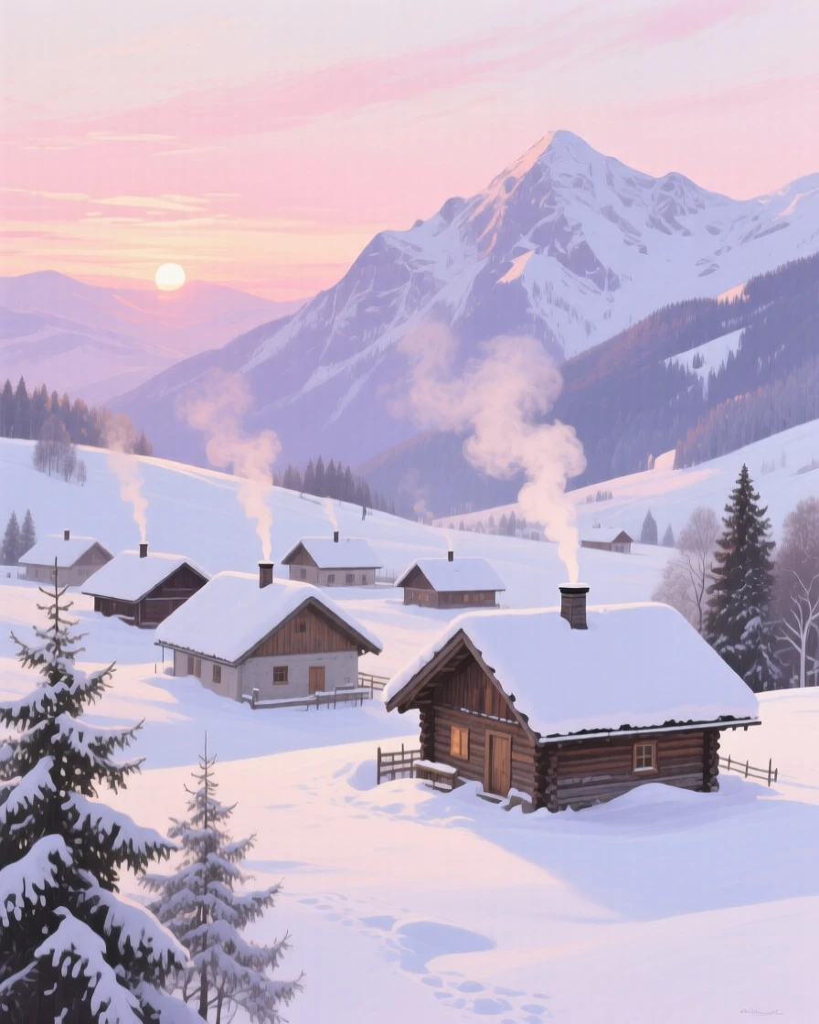 A peaceful winter sunrise glows soft pink over a snow-covered village in the Alps, smoke rising gently from chimneys into the still morning air, everything rendered with quiet clarity under the steady, natural light of the hour.