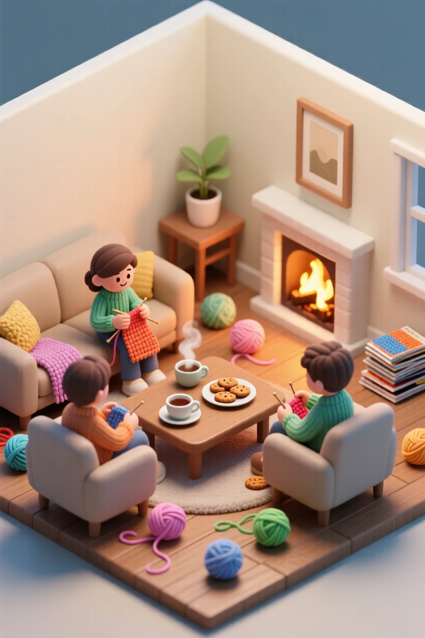 A cozy knitting circle in a living room, balls of yarn rolling across the floor, tea cups steaming, and a fireplace crackling in the background.