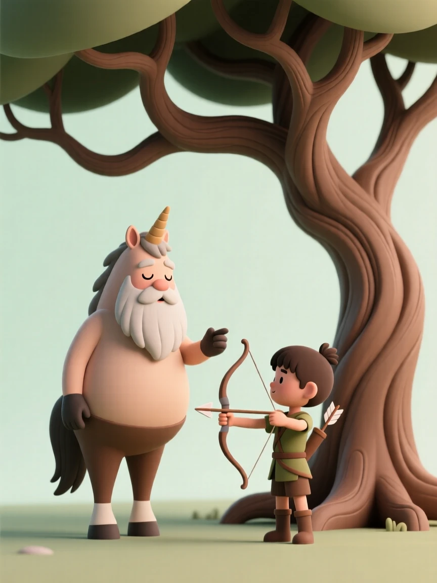 A wise centaur elder teaches a young apprentice archer beneath the twisted branches of an ancient enchanted oak.