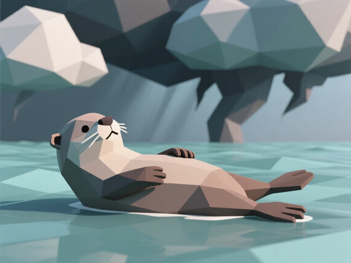 A playful otter floating on its back, against a dramatic stormy sky. soft natural light highlights every texture. The scene radiates quiet strength.