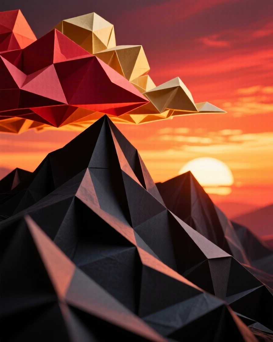A dramatic ridge line silhouetted against a blazing sunset, clouds glowing crimson and gold.