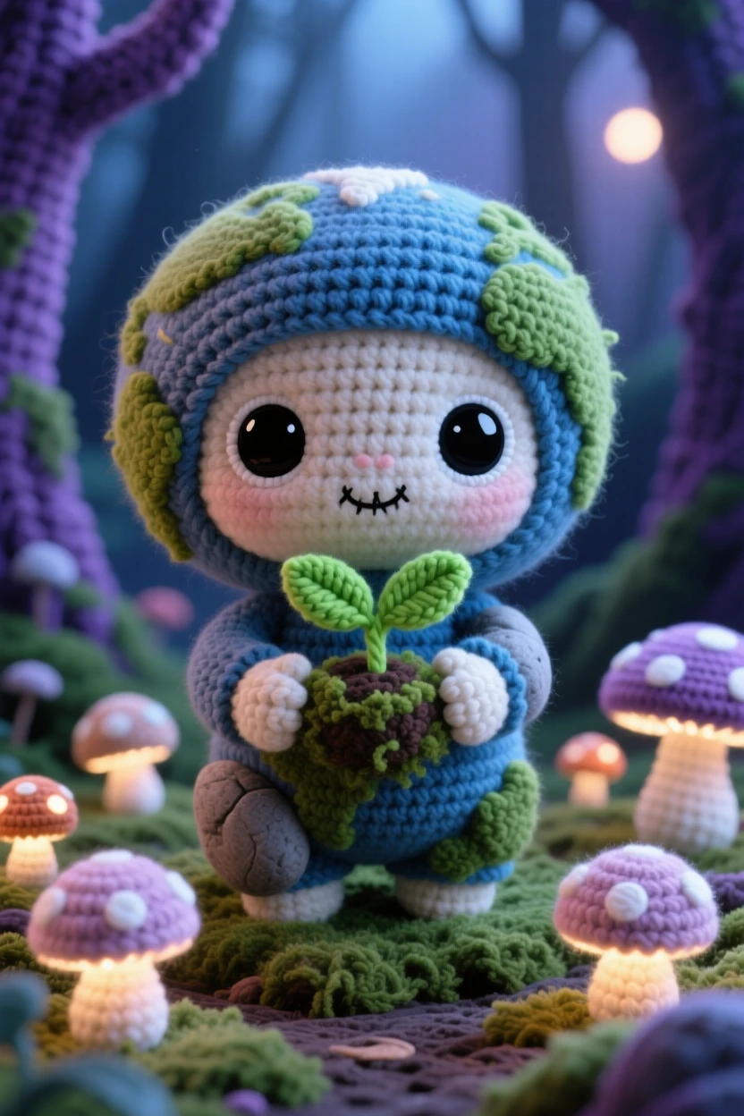 a round baby earth elemental, with a body of smooth pebbles and moss, cupping a small sprouting seedling, within a glowing mushroom forest at twilight, near a ring of softly glowing toadstools, radiating curious innocence meeting a magical world.