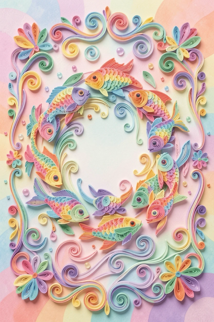 a school of rainbow fish swimming in a circle, in a candy-colored dreamland, framed with a whimsical storybook illustration feel, in a cheerful rainbow palette.
