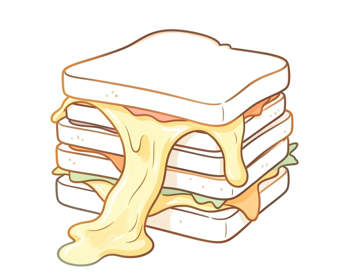 A stack of grilled cheese sandwiches cut diagonally with melted cheese pulling apart.