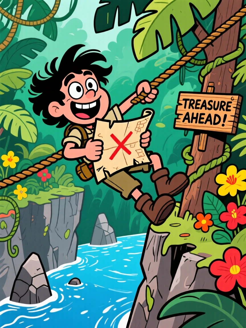 An imaginative fantasy scene of a fearless explorer swinging across a jungle chasm on a vine, treasure map clutched in his teeth.