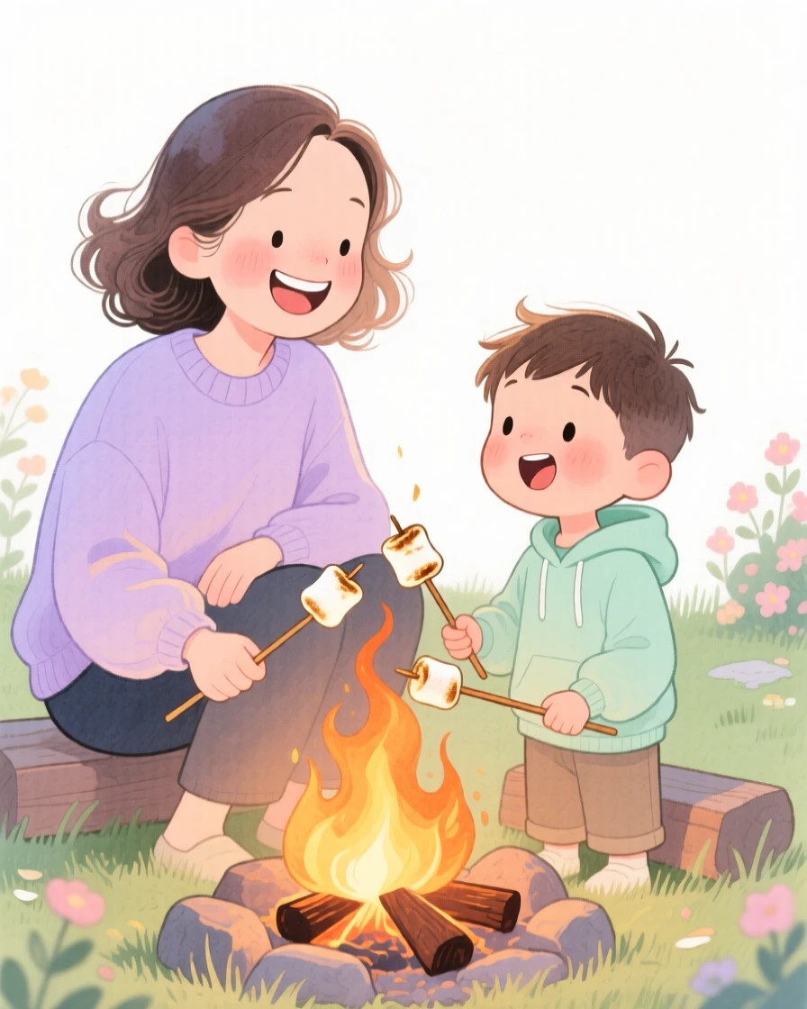 A mother and son roasting marshmallows around a backyard fire pit