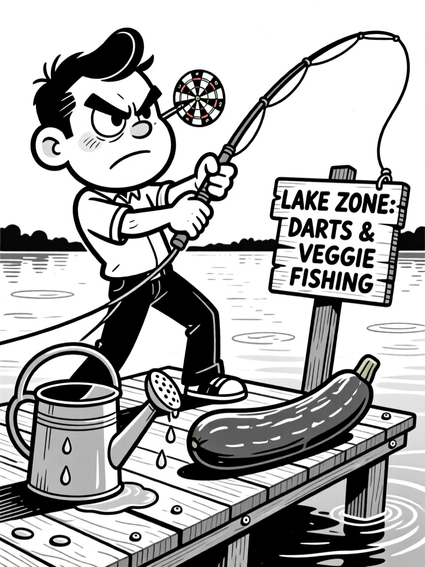 A darts player squinting one eye in fierce concentration, getting yanked forward by the fishing rod, set on a wooden dock beside a calm lake. A watering can drips beside oversized zucchini. The moment captures determination with a comic twist.