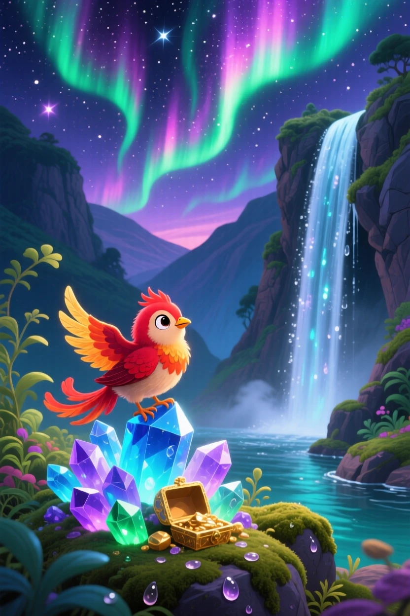 In a hidden valley behind a waterfall, a phoenix chick discovers a moment of wonder while guarding a treasure of glowing crystals, as the northern lights ripple overhead.