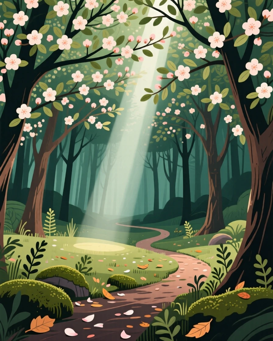 A quiet forest glade illuminated by a single beam of light, beneath a canopy of blooming branches, composed with strong leading lines drawing the eye inward, with delicate textures visible in every leaf and petal.