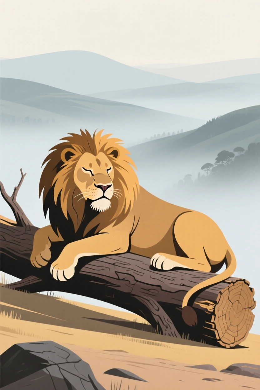 A majestic lion resting on a fallen log overlooking the misty valley.