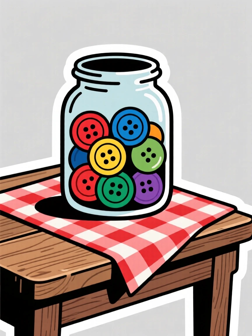 A delightfully simple jar of colorful buttons, resting atop a checkered picnic cloth, on a vintage wooden desk.