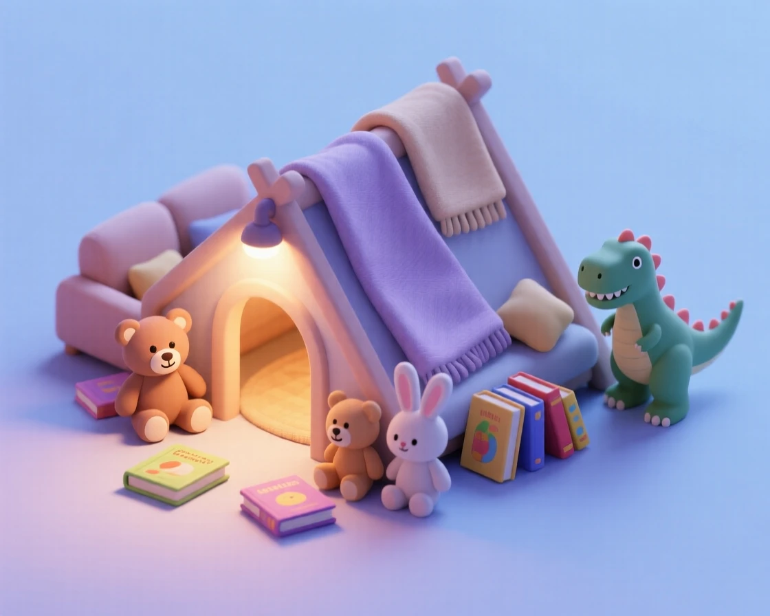 A children's fort built from couch cushions and blankets, a flashlight glowing inside, storybooks scattered, and stuffed animals standing guard.