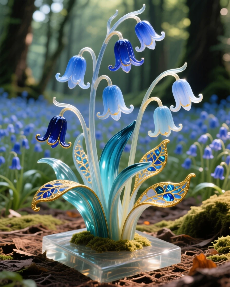 A field of wild bluebells carpeting an ancient forest floor, magical and delicate.