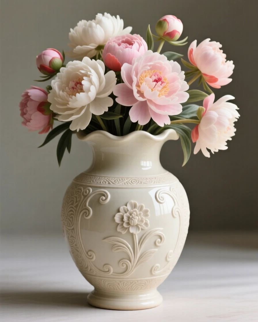 An ornate vase overflowing with full-bloom peonies posed with understated, timeless refinement, catching soft light along smooth curved surfaces, conveying calm, tasteful sophistication.
