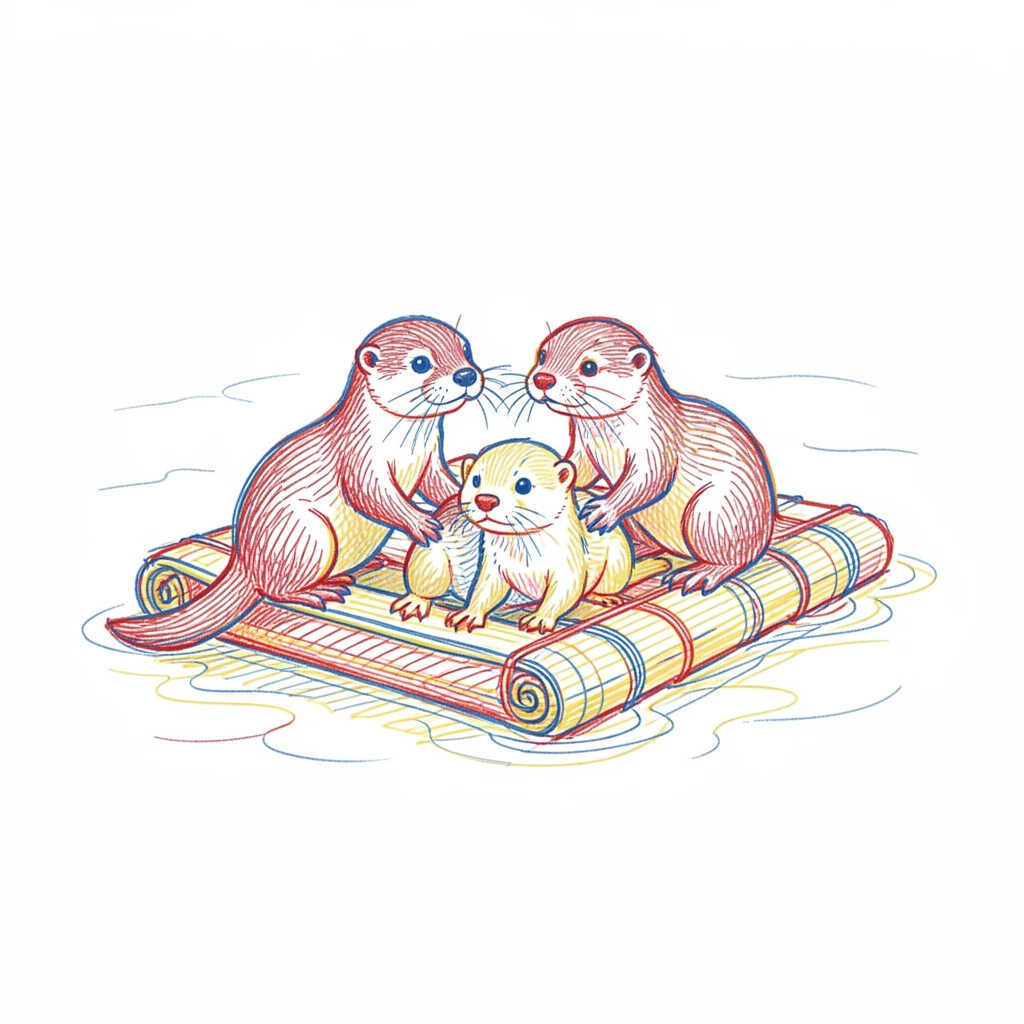 A family of otters holding a raft together to keep from drifting apart