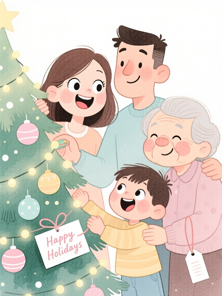 An adoptive family celebrating together decorating a Christmas tree with twinkling lights