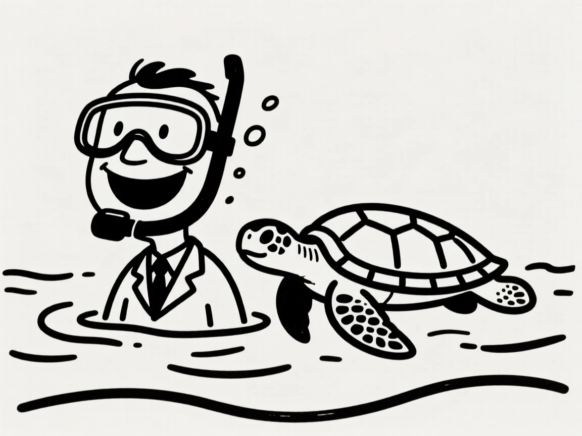A marine biologist swimming alongside a sea turtle with a huge grin behind a diving mask.