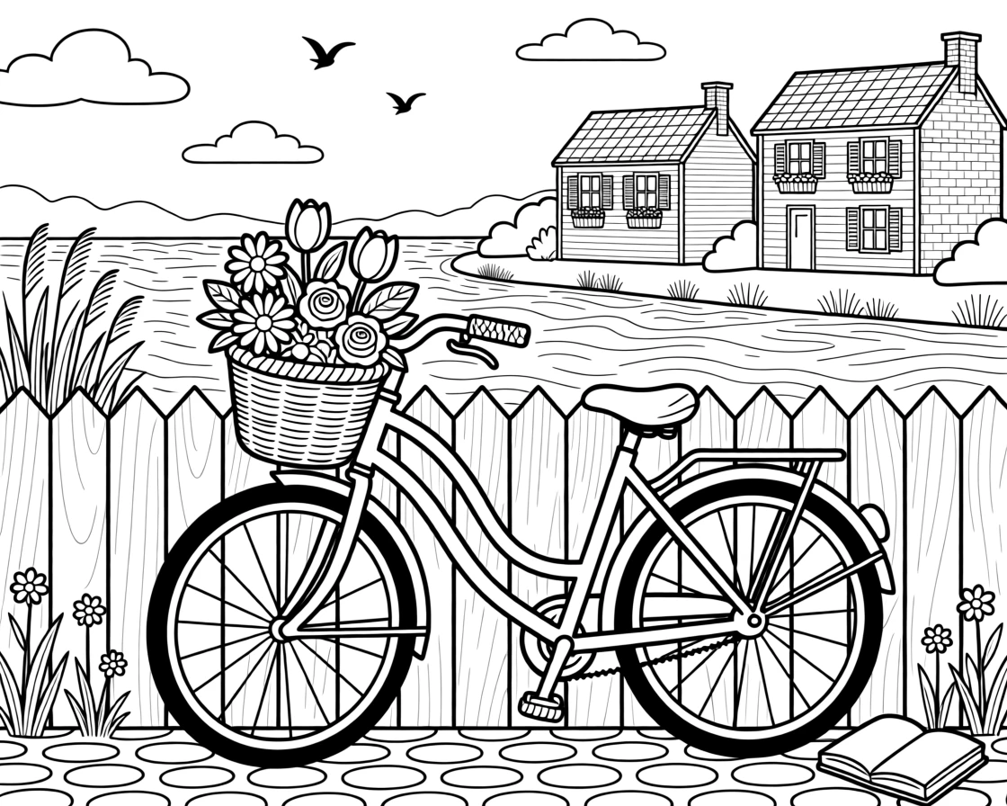A bicycle with a flower basket leaning against a garden fence, with a river reflecting the surrounding architecture.