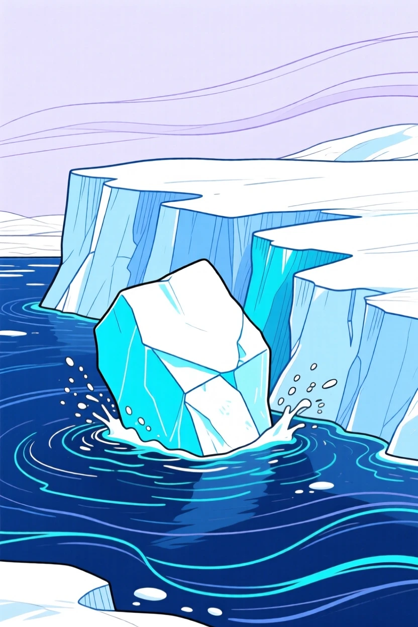 A glacier calving into deep blue arctic water.