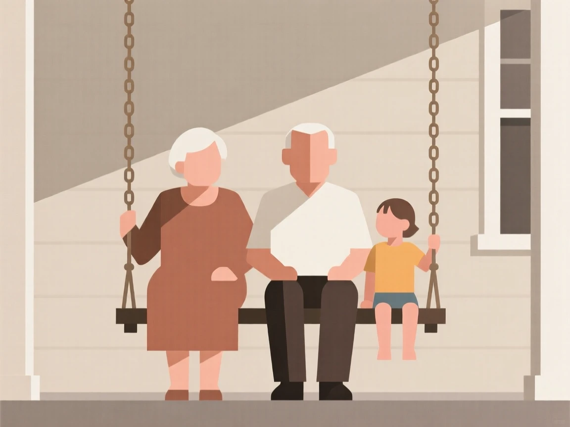 Grandparents sitting on a porch swing with grandchildren