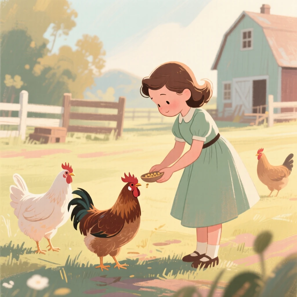 A little girl feeding chickens in a sunny farmyard