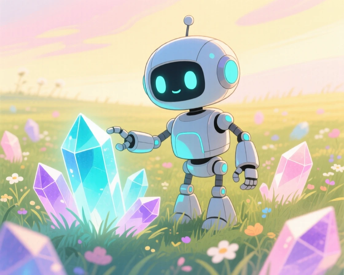 A friendly robot exploring a field of glowing crystals, full of wonder and discovery.