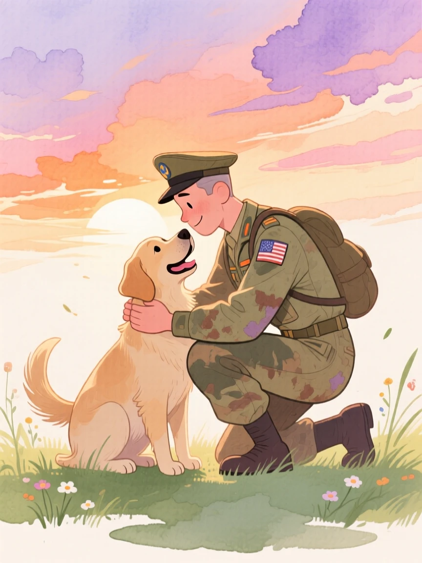 A veteran reuniting with his loyal dog after a long journey home, under a sky painted with the soft colors of sunset, radiating kindness, hope, and heartfelt emotion.