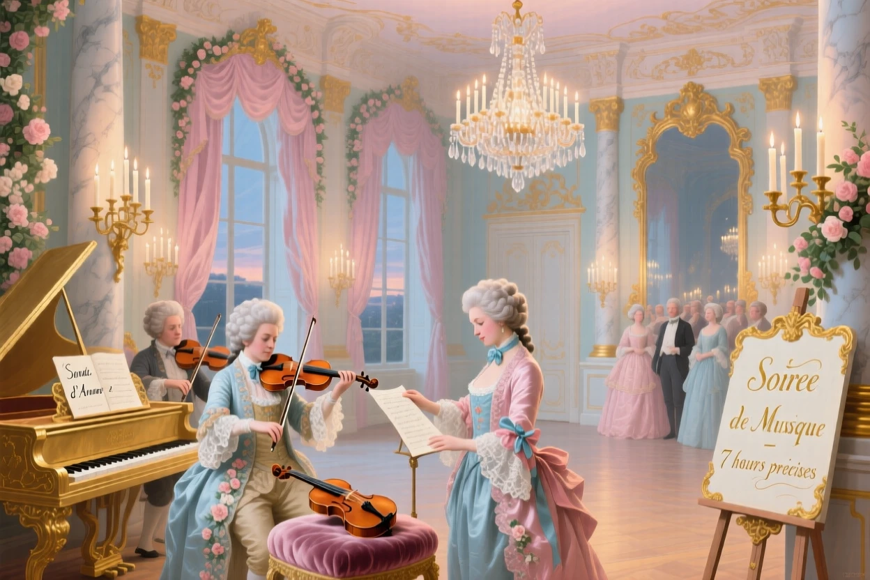 A candlelit ballroom with musicians preparing before guests arrive  