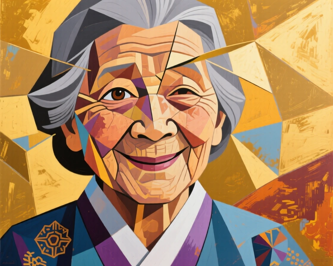 A close-up portrait of a grandmother of Korean heritage, grinning with pride, against a warm golden backdrop.