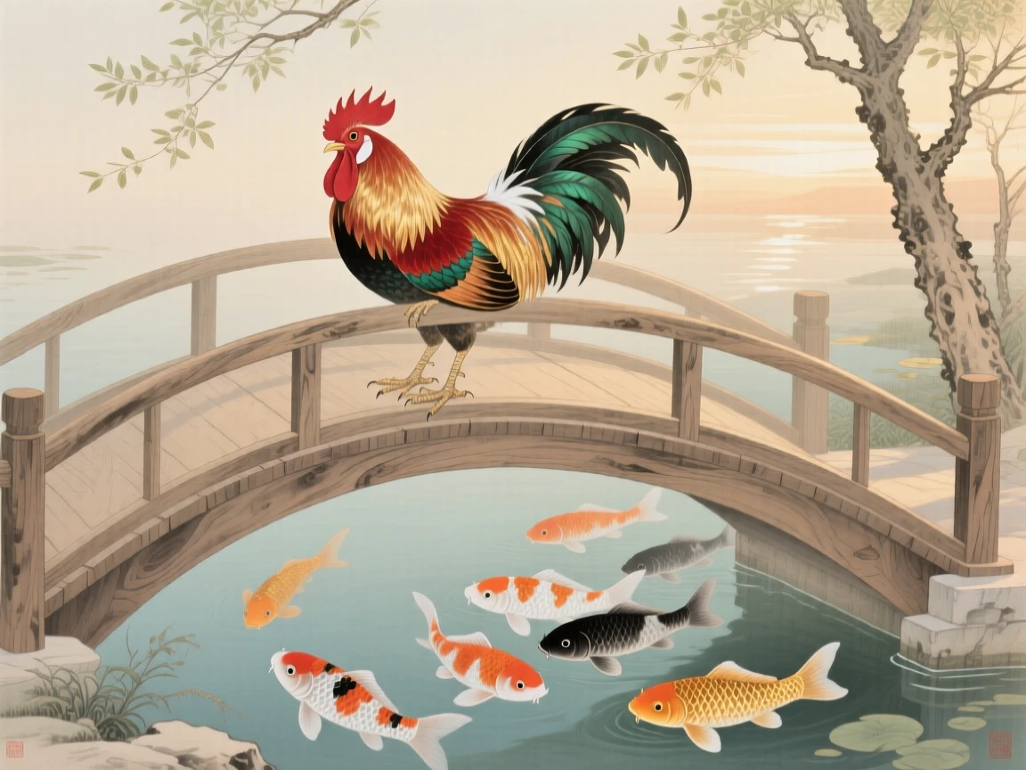 A rooster at dawn resting on a curved bridge railing over a koi pond, soft morning light filtering through the branches